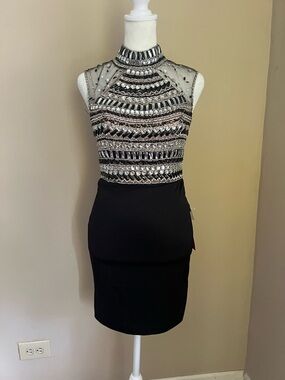 Mori Lee Black and Silver Embellished High-Neck Mini Dress